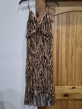 ILLA ILLA Women's Spaghetti Strap Zebra Print High-Low Slip Ruffle Dress Size SM